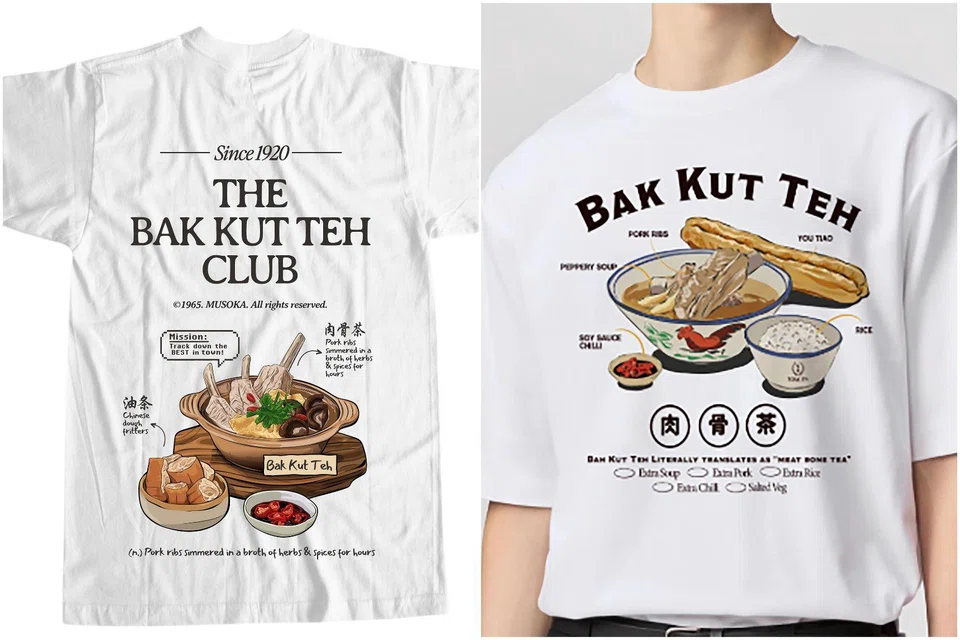 Musoka Club’s The Bak Kut Teh Club T-shirt (left) and Uniqlo’s UTme! Local Delights Collection – Song Fa Bah Kut Teh tee.