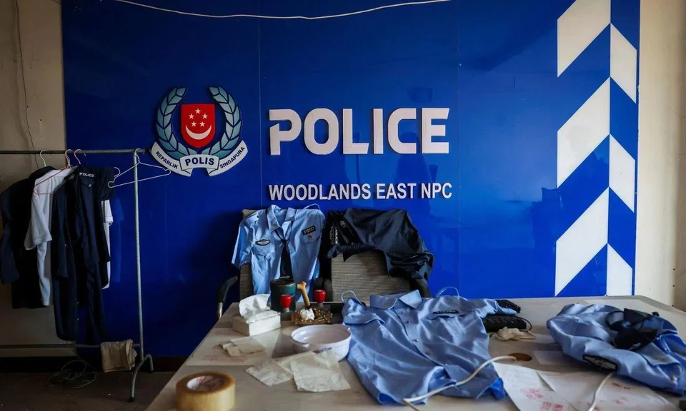 A room set up to look like a Singapore neighbourhood police centre inside the O'Smach casino, a compound used for scam operations in Cambodia, as seen on Feb 2.