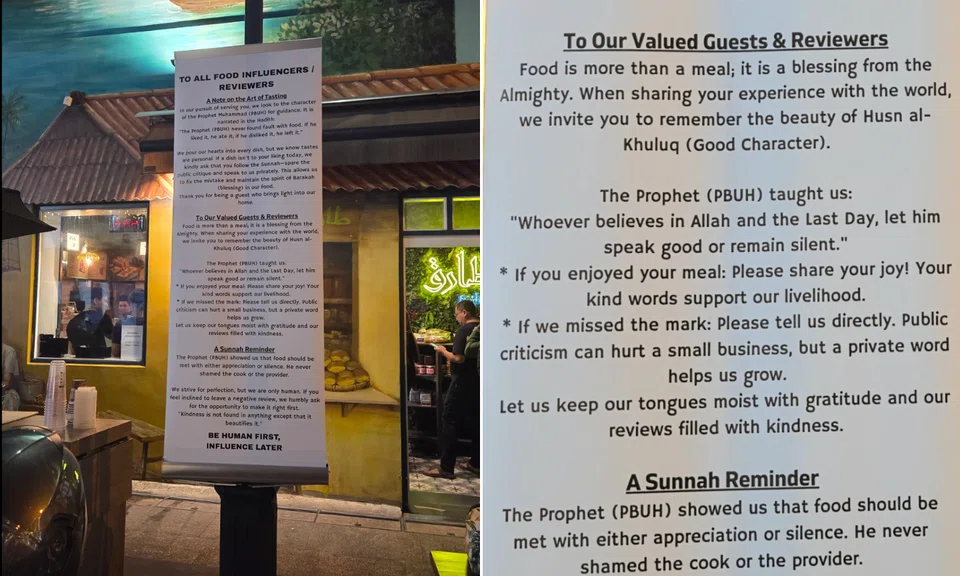 A banner at the Gemilang Kampong Gelam Bazaar 2026, citing the teachings of the Prophet Muhammad, is urging influencers and reviewers alike to "be human first and influencers later".