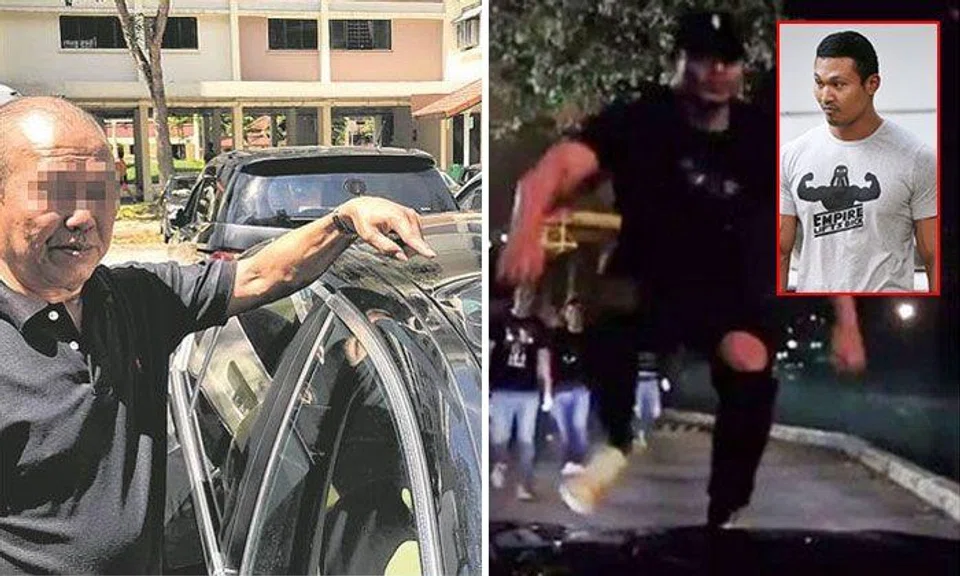 Mr Koh Poh Choh (left) pointing out the damages on the roof of his car after Chee Chu Siong (right) climbed on it. PHOTO: LIANHE WANBAO