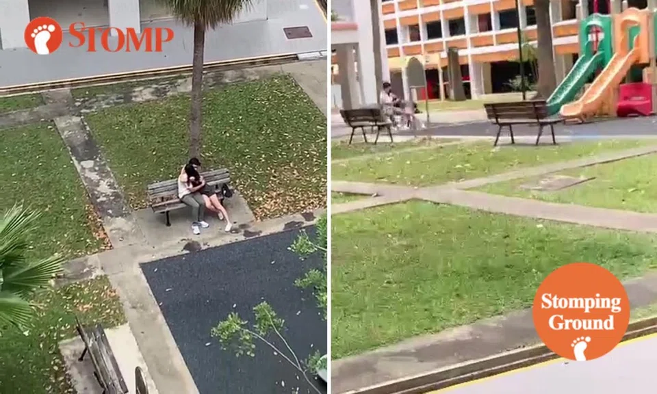 Stomper takes videos of couple hugging and kissing on playground bench, wants them to get a room