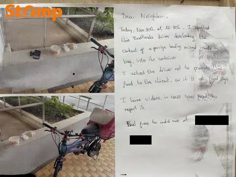 Condo Rider Note Neighbour's note alerts YCK condo resident to GrabFood rider pouring ...