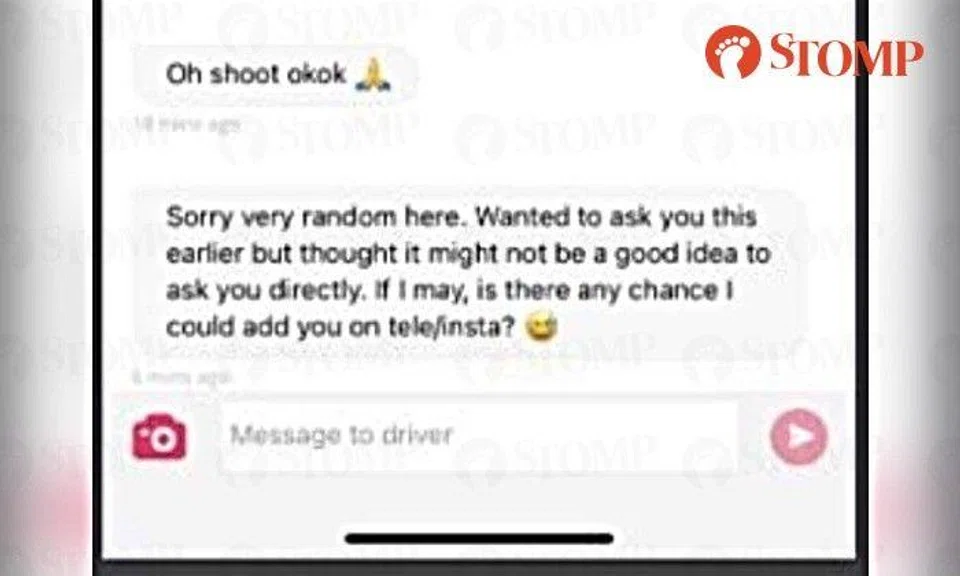 Stomper Koh shared a screenshot of an online chat where the driver asked his wife whether he could add her on Telegram or Instagram.