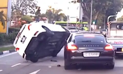 Toyota car flips after colliding into Porsche changing lanes at Ubi: Who is at fault?
