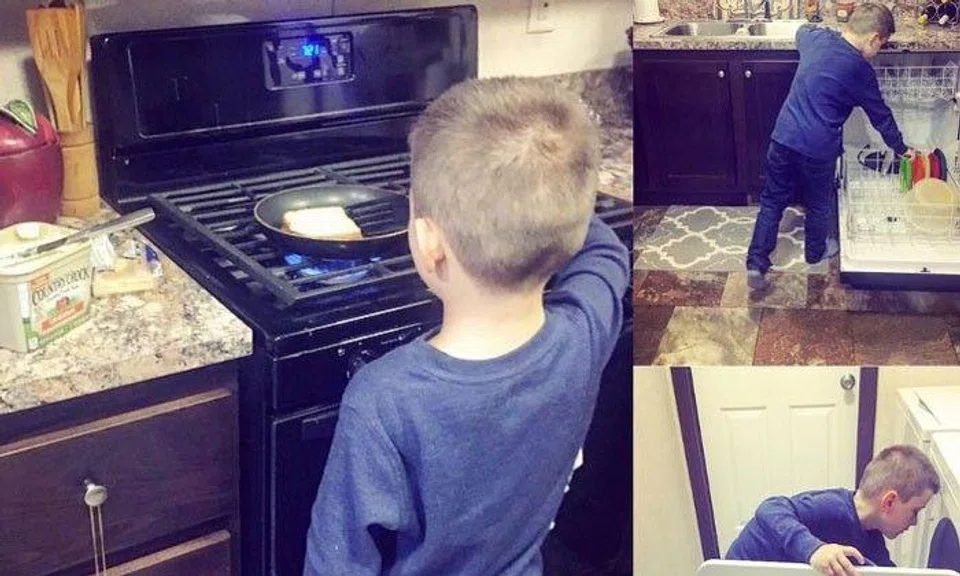Mum teaches son to do house chores and gets praises as well as accusations