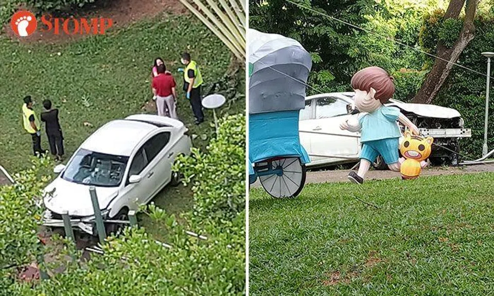 Car crashes into walkway railing after accident with motorcycle at Telok Blangah