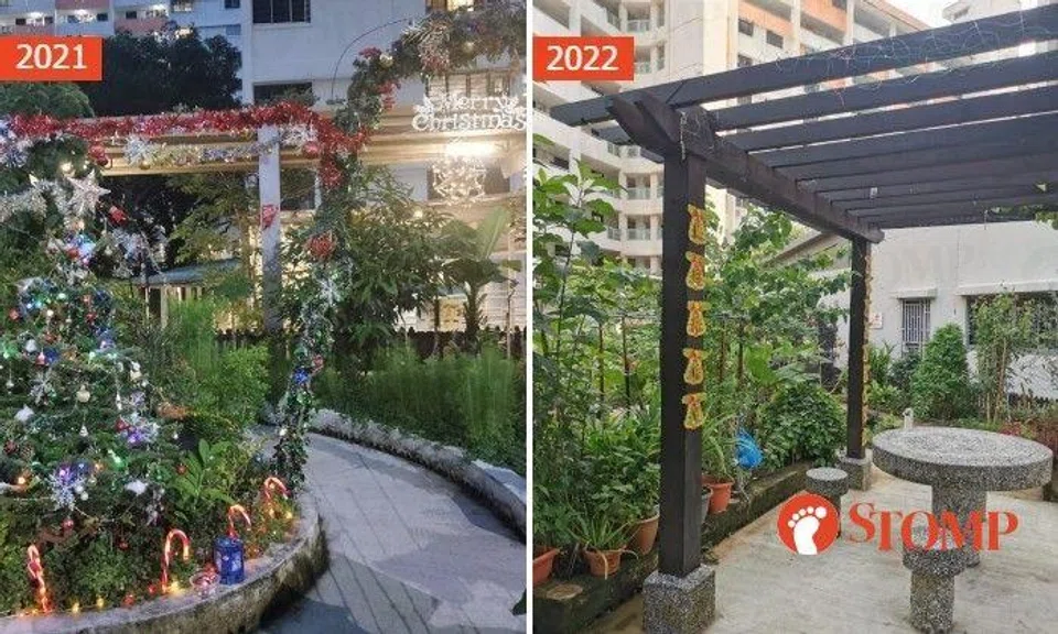 Last year's Christmas decorations in the Trivelis versus this Last year's Christmas decorations in the Trivelis garden versus this year's.