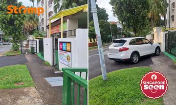 Preschool gate left open, car blocking public walkway