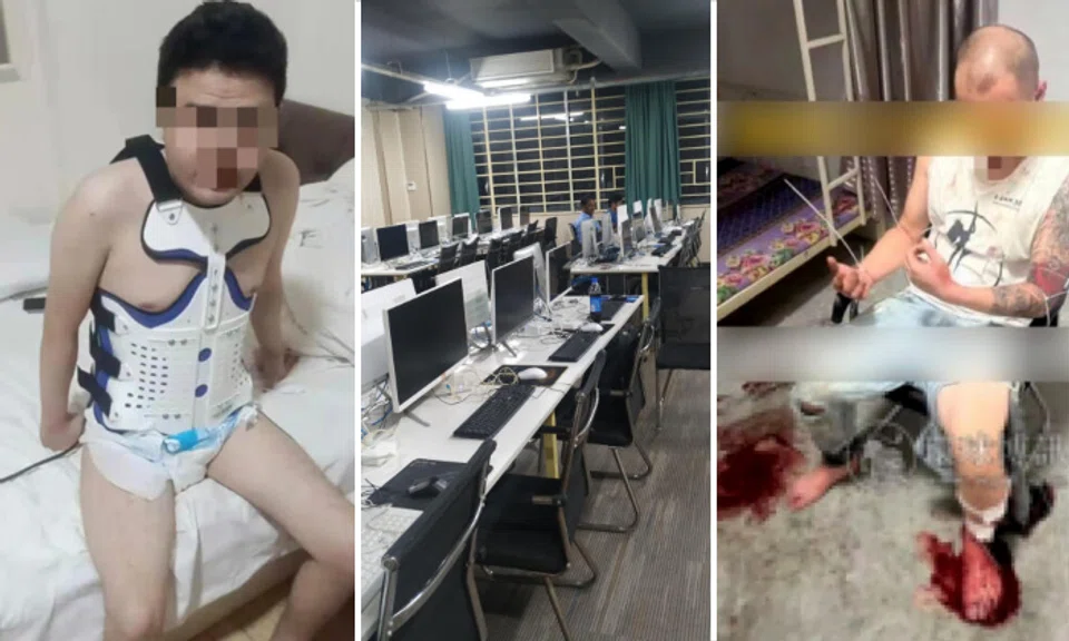 A Taiwanese man forced to work at a scam compound in Cambodia is seen being tortured (left), while a Chinese victim (right) was injured after jumping from the fourth floor of a Cambodian scam compound. Photos: Humanity Research Consultancy