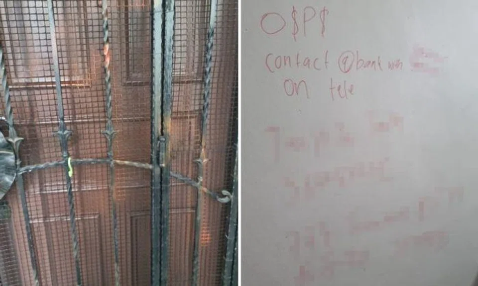 The unit’s gate was sprayed with red paint and the walls at the staircase were scribbled with graffiti.
