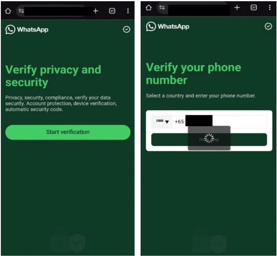 Victims would be prompted to verify their accounts through a phishing link that leads to a fake WhatsApp webpage. PHOTO: SINGAPORE POLICE FORCE