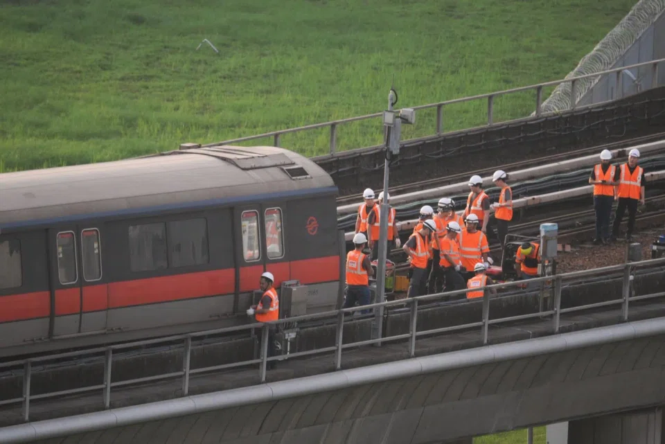 Work being done on the affected train and train track right outside Ulu Pandan Depot at around 6.30pm on Sept 25, 2024.