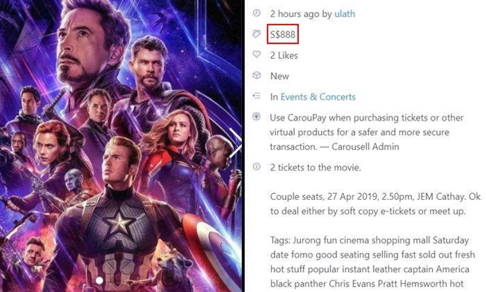 Scalpers selling tickets to Avengers: Endgame for up to $888 on Carousell