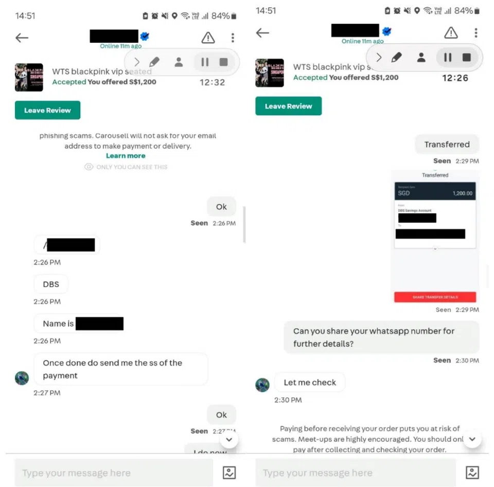 Screenshots of a conversation between a scammer and a victim. PHOTO: SINGAPORE POLICE FORCE
