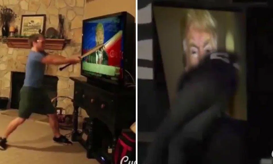 Dudes take their dislike for Trump to the next level by wrecking TVs while he's on air