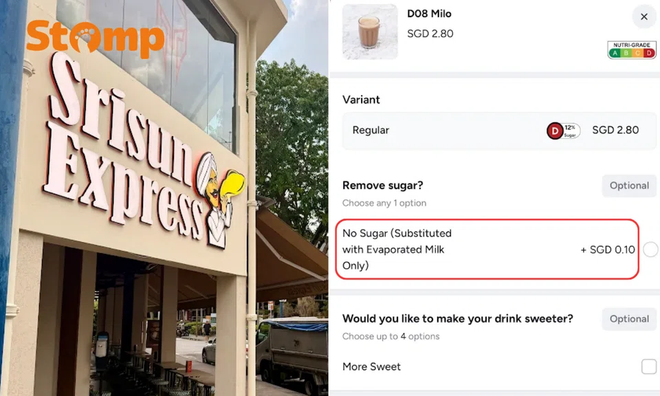 Srisun Express lowered its “no sugar” surcharge from 30 cents to 10 cents.