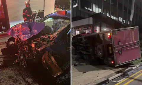 SCDF rescues driver trapped in vehicle after accident involving taxi and lorry, 2 taken to hospital