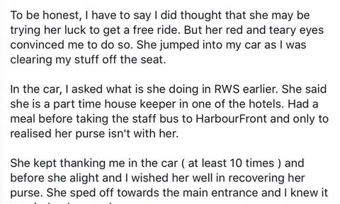 Netizen gives a lift to teary-eyed aunty who left her purse at RWS despite doubting her story at first