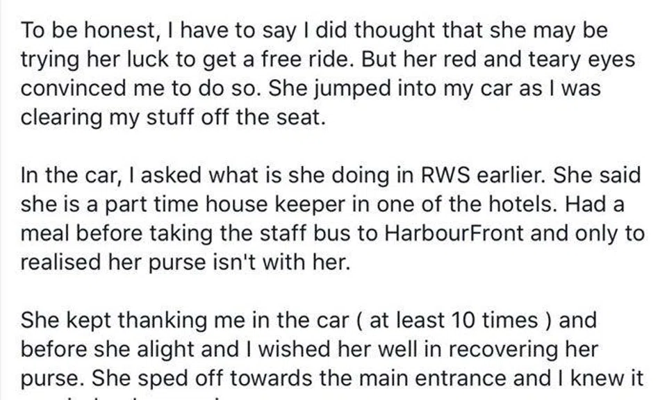 Netizen gives a lift to teary-eyed aunty who left her purse at RWS despite doubting her story at first