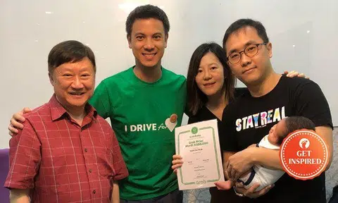 (Left to right): Grab driver Mr Yeong, Andrew Chan (Head of Transport, Grab Singapore), Ida Nee and Shawn Yeo with baby Isaiah.
