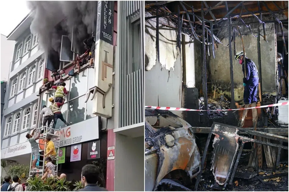Members of the public used metal scaffolding and a ladder to rescue those trapped on the third storey ledge.