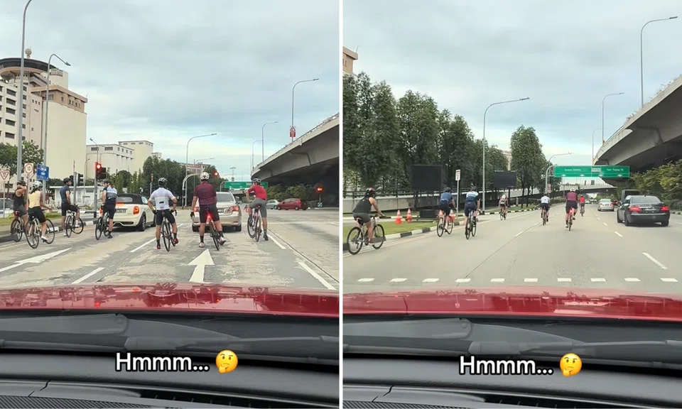 The cyclists were seen occupying two lanes. 