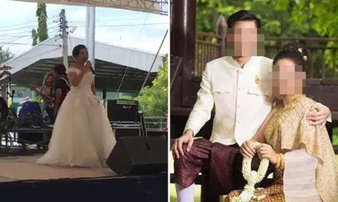 A video clip posted on Facebook shows the bride thanking relatives and friends for attending her wedding ceremony (left). Jutathip Nimnual, 24, had been due to marry Phakin Junjerm, 20 (right).