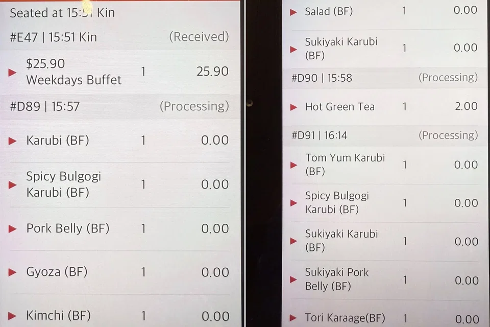 The man ordered eight servings of pork and beef, sides, and green tea.