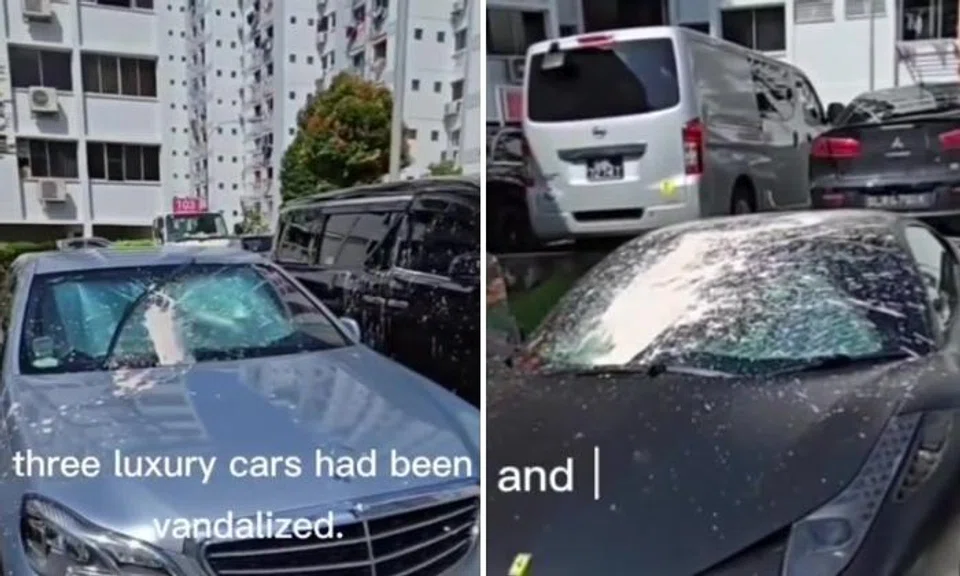Cars including Mercedes and Ferrari splashed with white substance in Teck Whye carpark