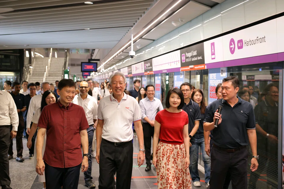 (From left) Transport Minister Chee Hong Tat, Senior Minister Teo Chee Hean, an MP for Pasir Ris-Punggol GRC, and Minister of State and MP for Punggol West Sun Xueling, touring Punggol Coast MRT station at its opening on Dec 10, 2024.