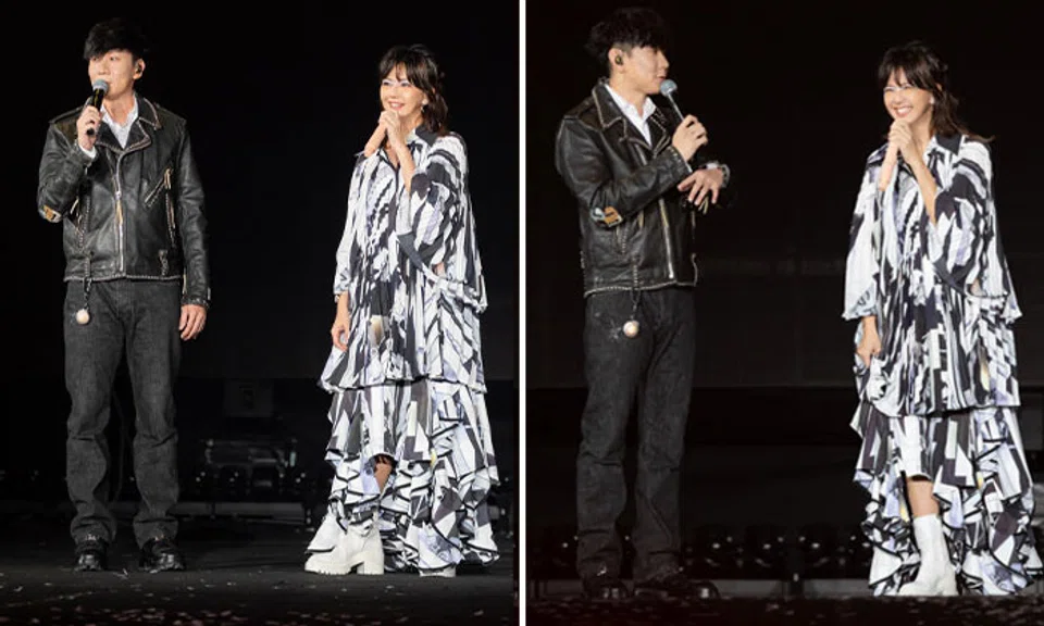 JJ Lin (left) made a surprise appearance at Stefanie Sun's concert in Singapore on April 13. PHOTOS: MAKE MUSIC