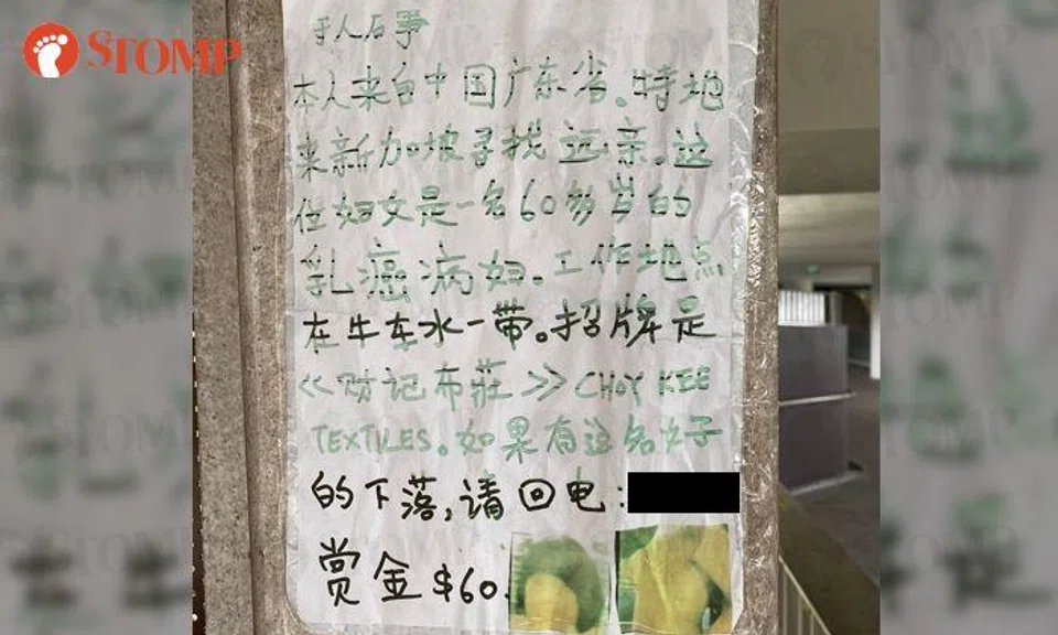 Relative travels from China to S'pore to look for breast cancer-stricken woman working in Chinatown