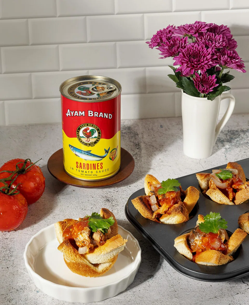Ayam Brand's canned sardines in toast bread cups.