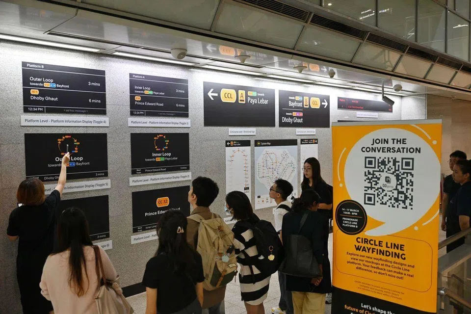 Physical print-outs of the signs are displayed on a wall at Platform B of Promenade station.