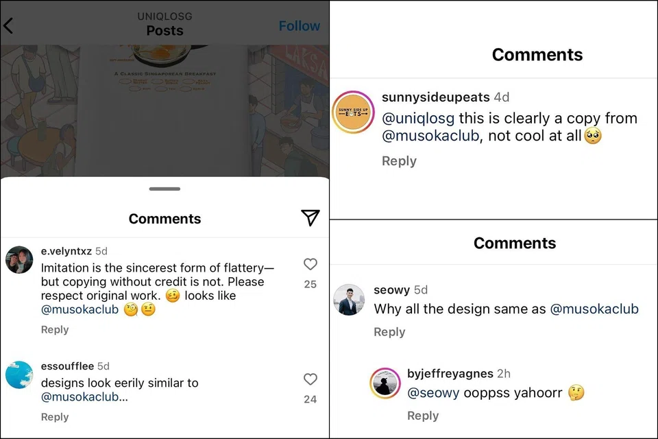 Screenshots of comments defending Musoka Club on Uniqlo’s Instagram.