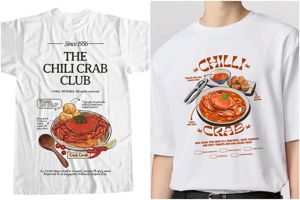 Musoka Club’s The Chilli Crab Club T-shirt (left) and Uniqlo’s UTme! Local Delights Collection – Chilli Crab tee.