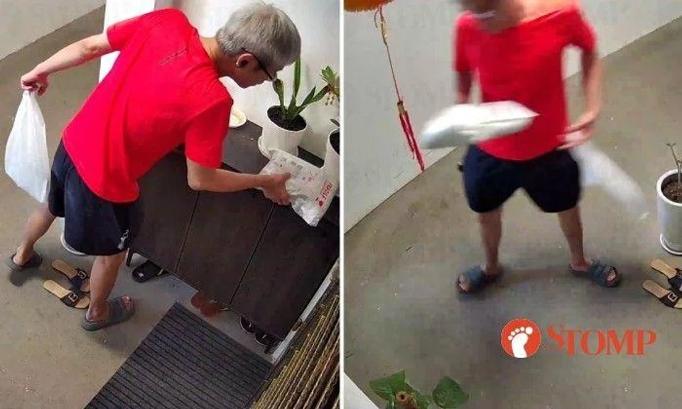 The Stomper shared the CCTV footage showing a man walking past the Stomper's flat before turning back to look at the parcel on the shoe cabinet outside the gate.