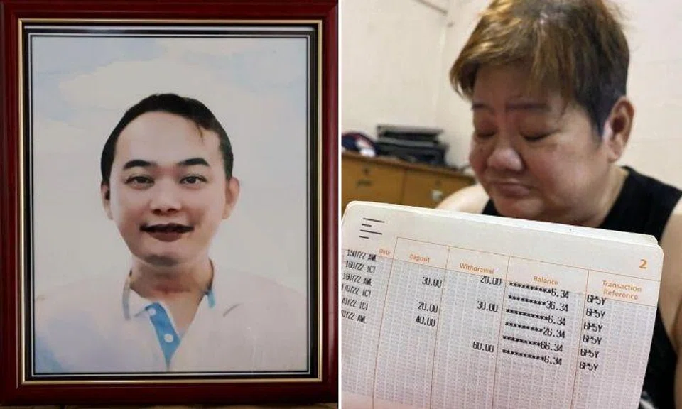 After her son died, Madam Jenny Koh revealed that there was just $6 left in her bank account. Photos: Shin Min Daily News