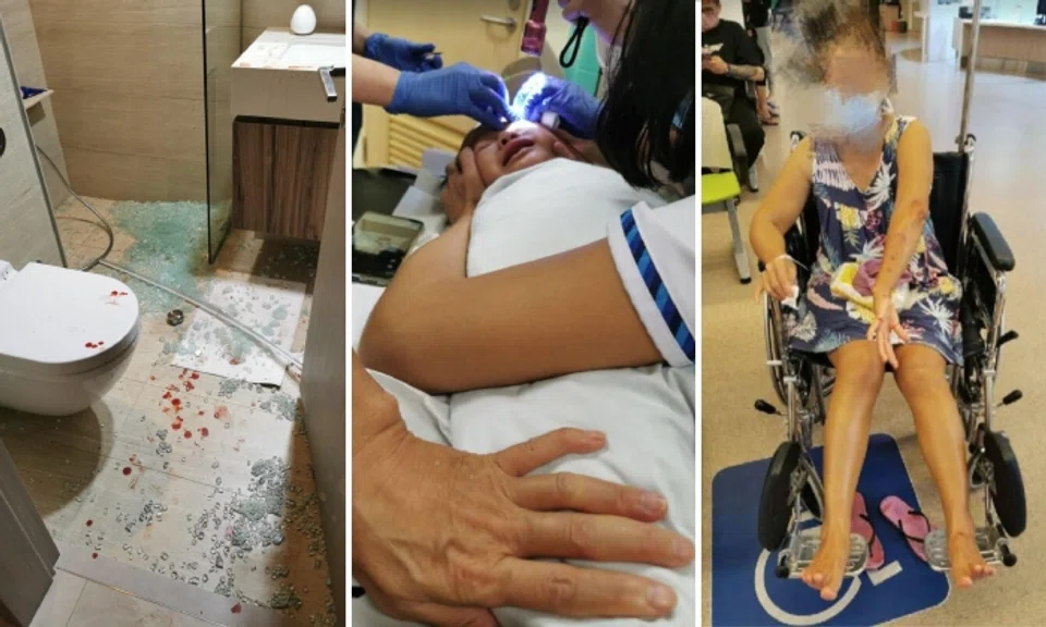 A bathroom glass door in a condominium unit in Serangoon shattered suddenly, injuring a two-year-old and her grandmother, who was bathing her. Photos: Ms Li