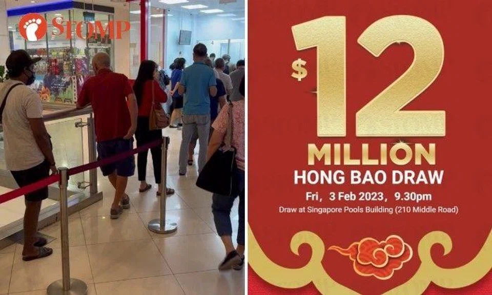 Stomper J shared a video of people queueing at the Singapore Pools outlet on the third floor of Lot One Shoppers Mall in Choa Chu Kang on Wednesday (Feb 1) at 4.50pm.