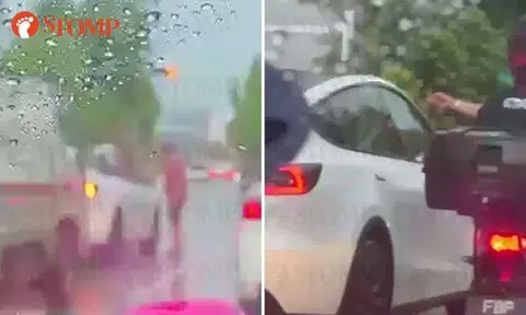 Lorry driver steps out into rain to confront Tesla driver who allegedly pointed middle finger at him