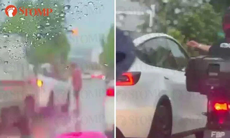 Lorry driver steps out into rain to confront Tesla driver who allegedly pointed middle finger at him