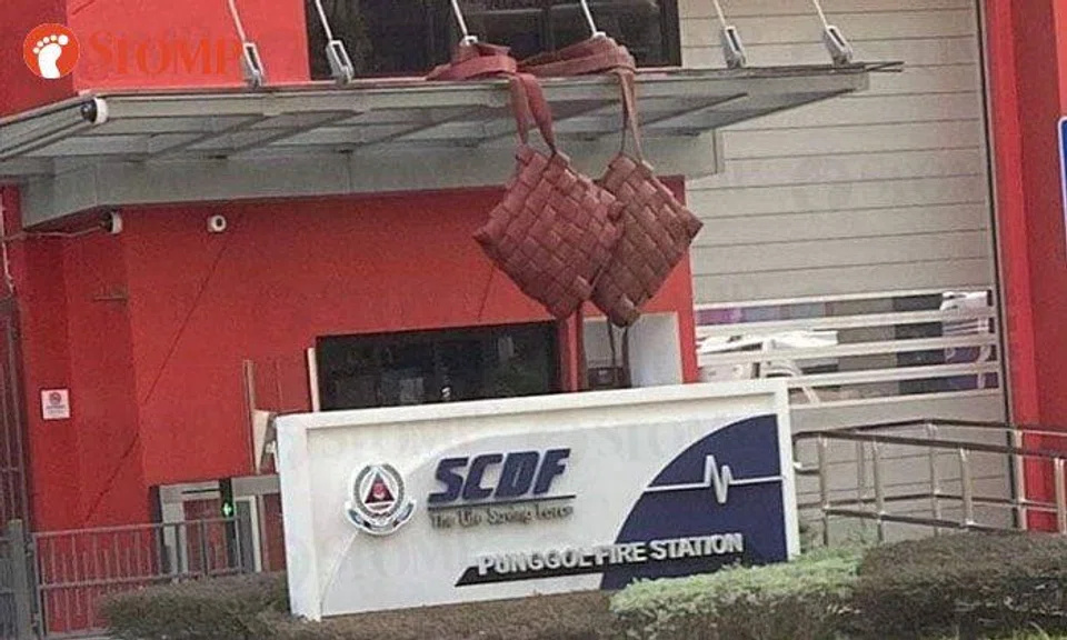 Resident impressed by giant ketupats made from fire hoses hanging outside Punggol Fire Station