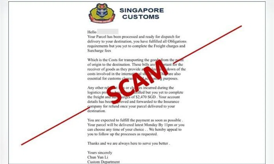 The “payment request” shared by Singapore Customs claimed that the recipient owed $2,470 in charges.