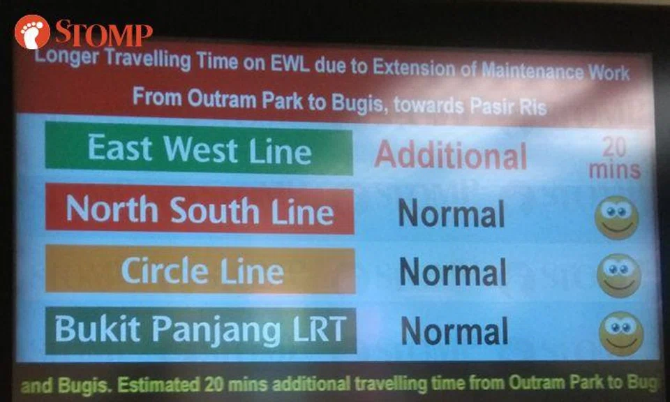 SMRT advised commuters to expect additional 20 minutes of travelling time from Outram Park to Bugs towards Pasir Ris.