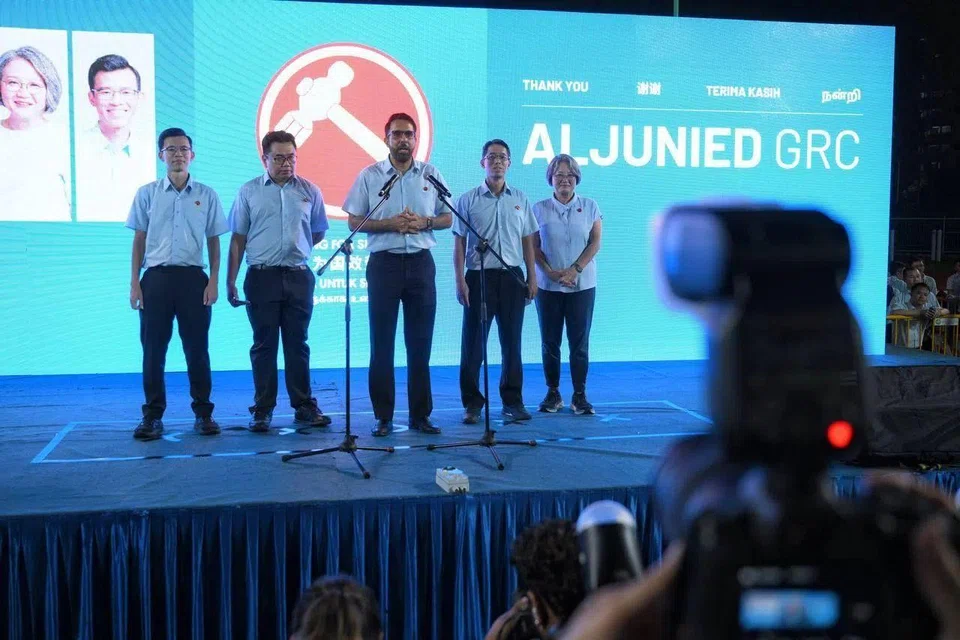 The WP's Aljunied GRC candidates (from left) Kenneth Tiong, Fadli Fawzi, Pritam Singh, Gerald Giam and Sylvia Lim on May 4.