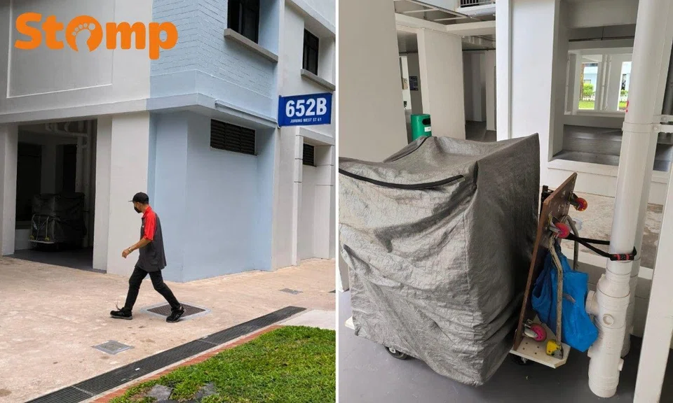 Loaded trolley chained to a pipe in the void deck