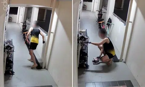 man takes and throws away four pairs of shoes at woodlands hdb