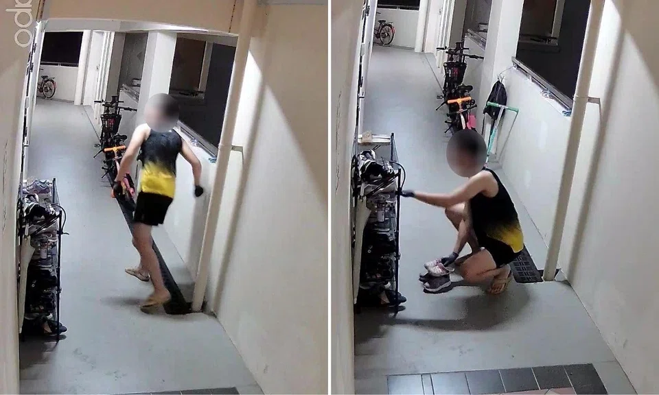 man takes and throws away four pairs of shoes at woodlands hdb