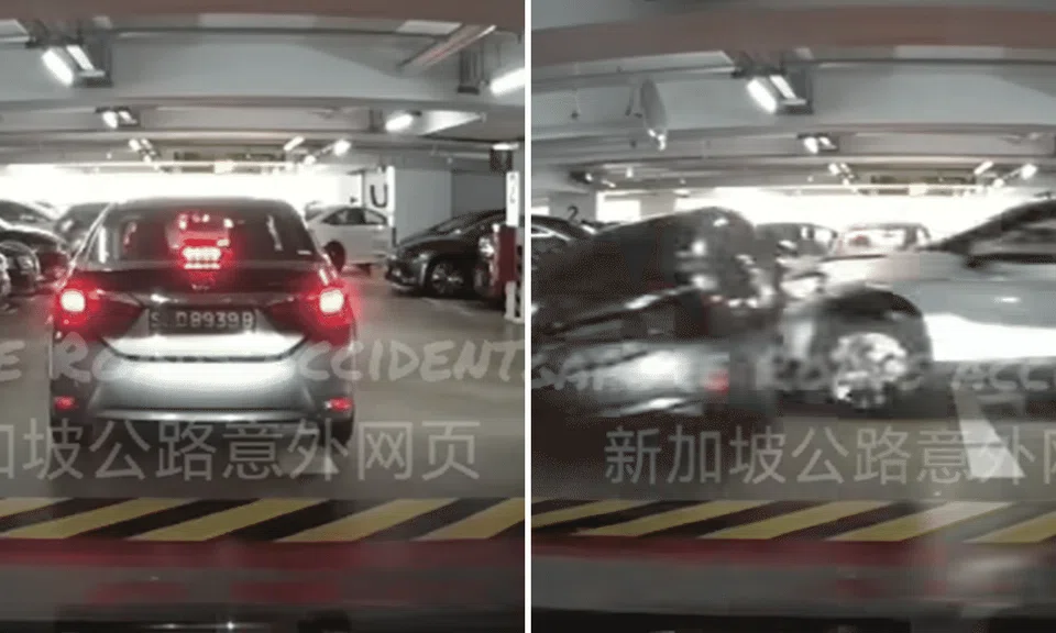 A silver car (right) is seen travelling down a carpark ramp at a high speed.